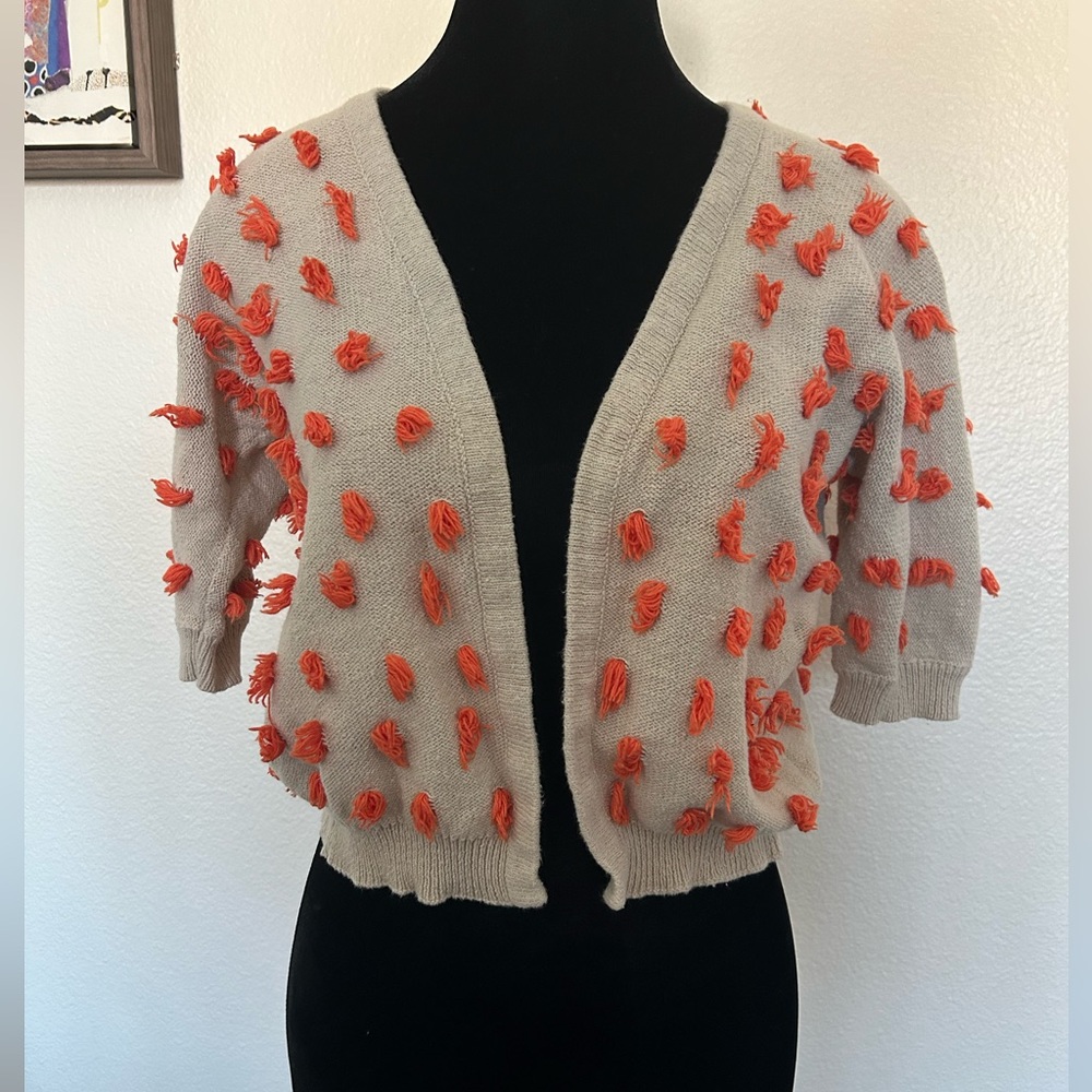 Anthropologie Beige Cardigan with Orange Tassel Details
